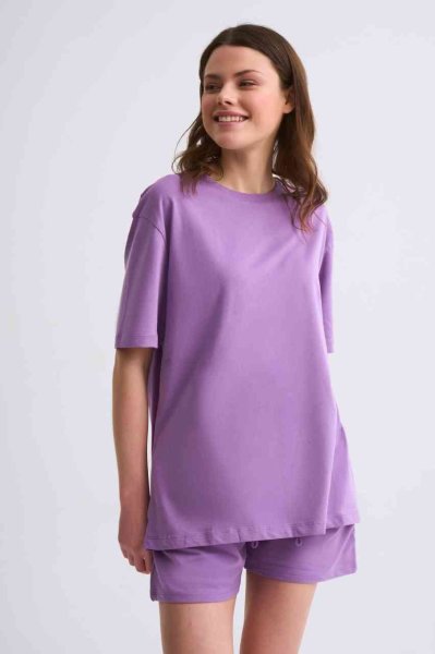 Organik Regular Fit Kısa Kollu Kadın Tişört - Mor Mor - L