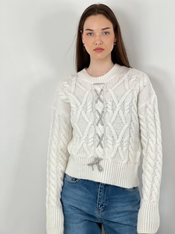 Miss Poem Önü Elişi Kordon İşlemeli Kazak  - Ekru