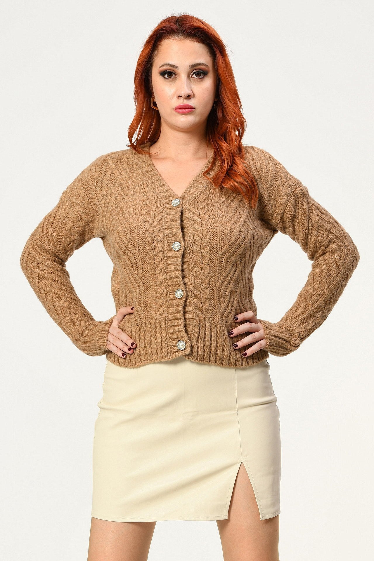 Miss Poem İnci Düğmeli Kalın Hırka  - Camel