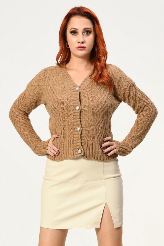 Miss Poem İnci Düğmeli Kalın Hırka  - Camel