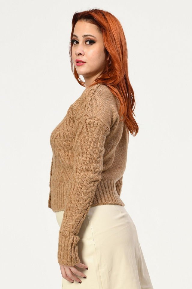 Miss Poem İnci Düğmeli Kalın Hırka  - Camel