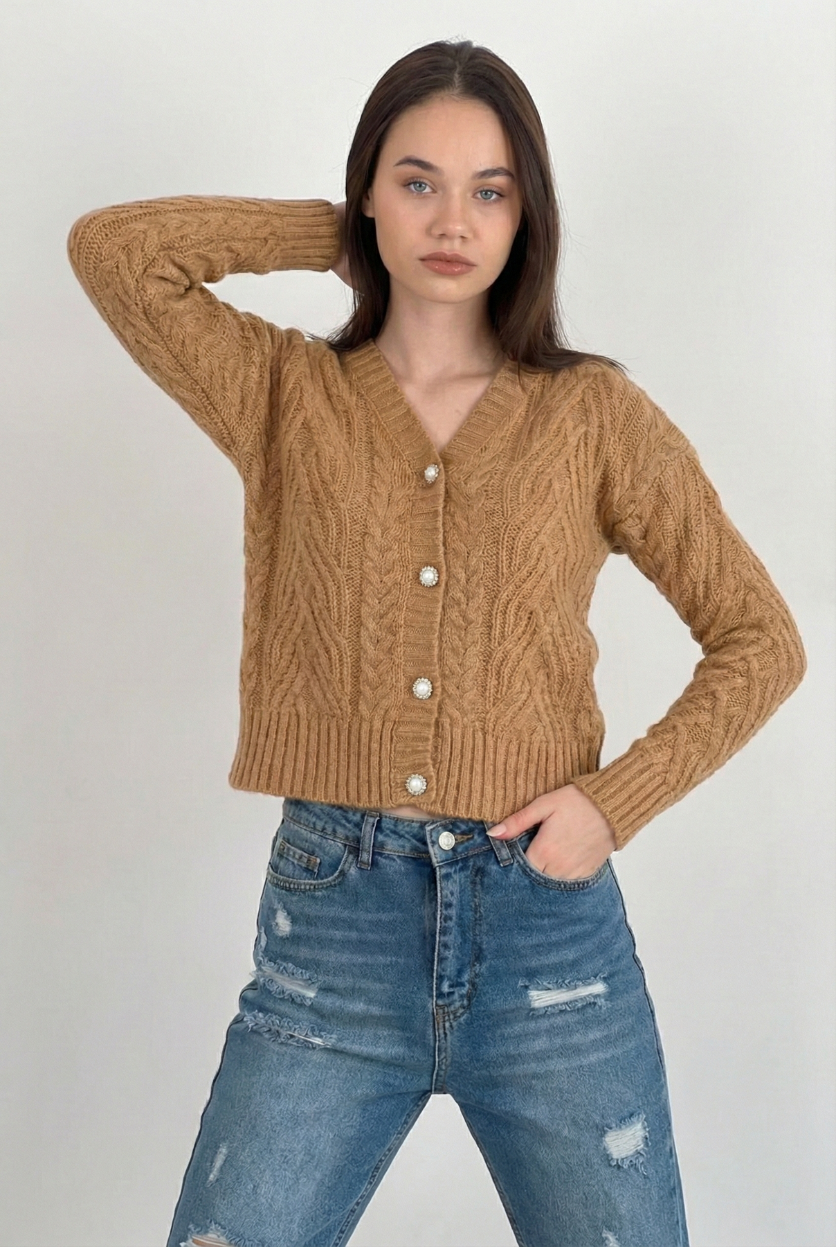 Miss Poem İnci Düğmeli Kalın Hırka  - Camel