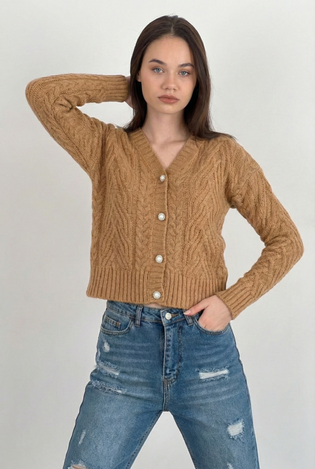 Miss Poem İnci Düğmeli Kalın Hırka  - Camel