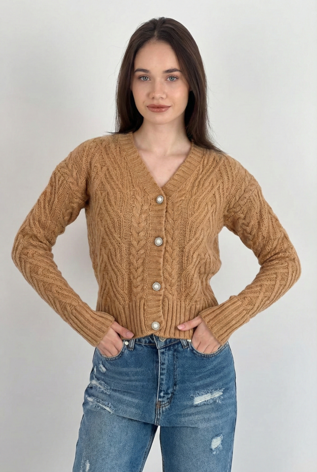 Miss Poem İnci Düğmeli Kalın Hırka  - Camel