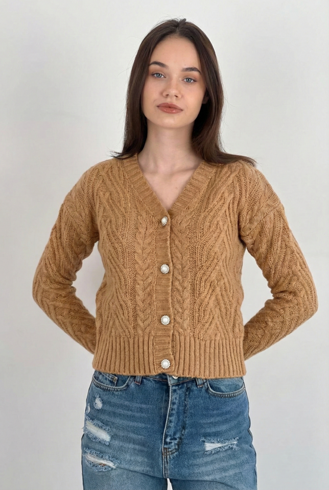 Miss Poem İnci Düğmeli Kalın Hırka  - Camel