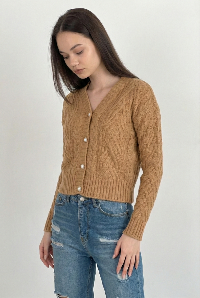 Miss Poem İnci Düğmeli Kalın Hırka  - Camel