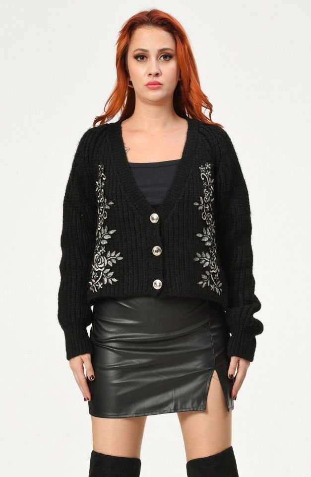 Miss Poem El İşlemeli Dantel Kalın Hırka  - Siyah