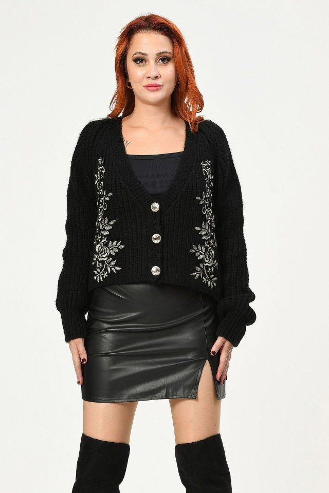 Miss Poem El İşlemeli Dantel Kalın Hırka  - Siyah