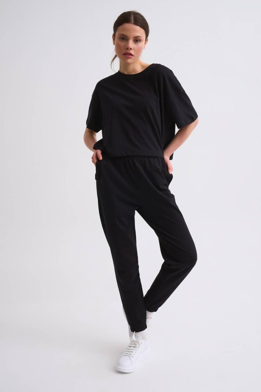 Organik Regular Fit Kısa Kollu Kadın Crop Tişört - Siyah Siyah - S