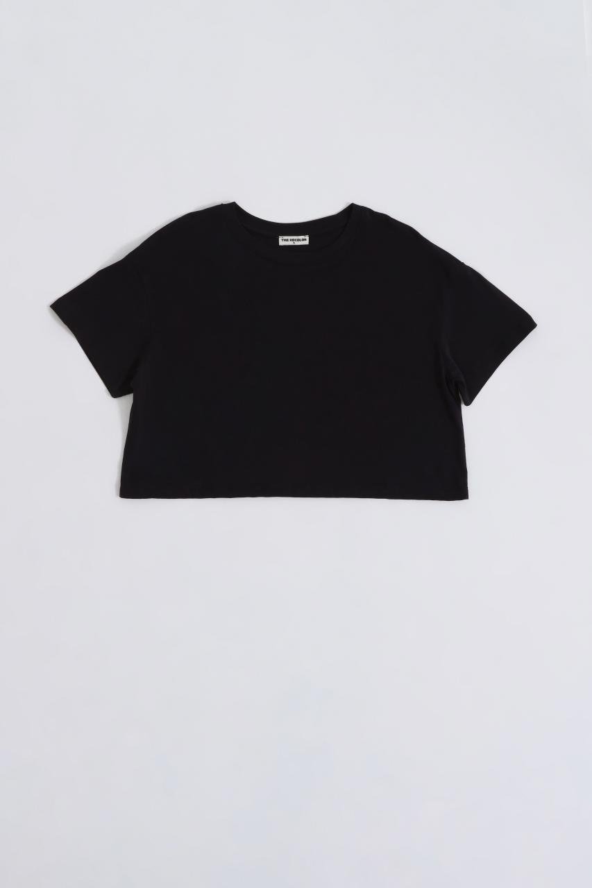 Organik Regular Fit Kısa Kollu Kadın Crop Tişört - Siyah Siyah - XL