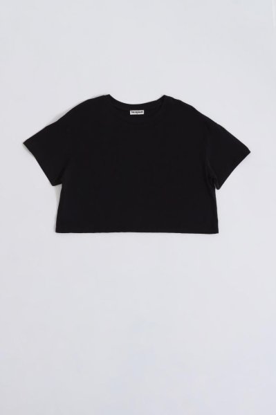 Organik Regular Fit Kısa Kollu Kadın Crop Tişört - Siyah Siyah - XL