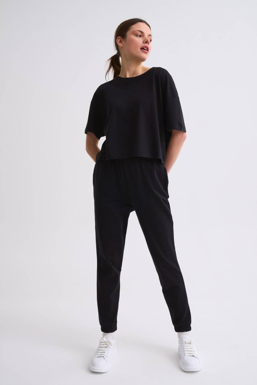 Organik Regular Fit Kısa Kollu Kadın Crop Tişört - Siyah Siyah - XL