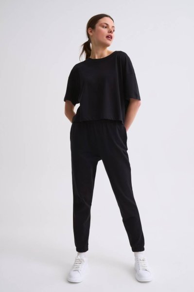 Organik Regular Fit Kısa Kollu Kadın Crop Tişört - Siyah Siyah - XL