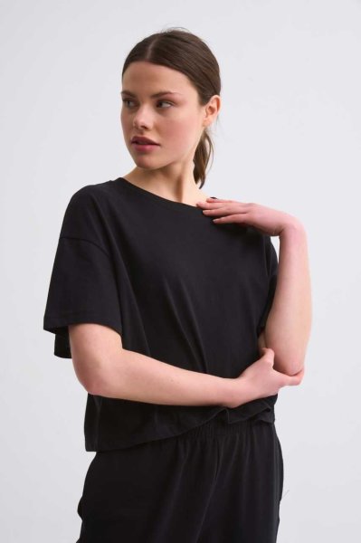 Organik Regular Fit Kısa Kollu Kadın Crop Tişört - Siyah Siyah - XL