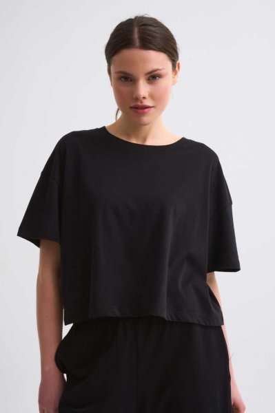 Organik Regular Fit Kısa Kollu Kadın Crop Tişört - Siyah Siyah - XL