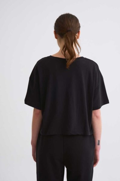 Organik Regular Fit Kısa Kollu Kadın Crop Tişört - Siyah Siyah - XL