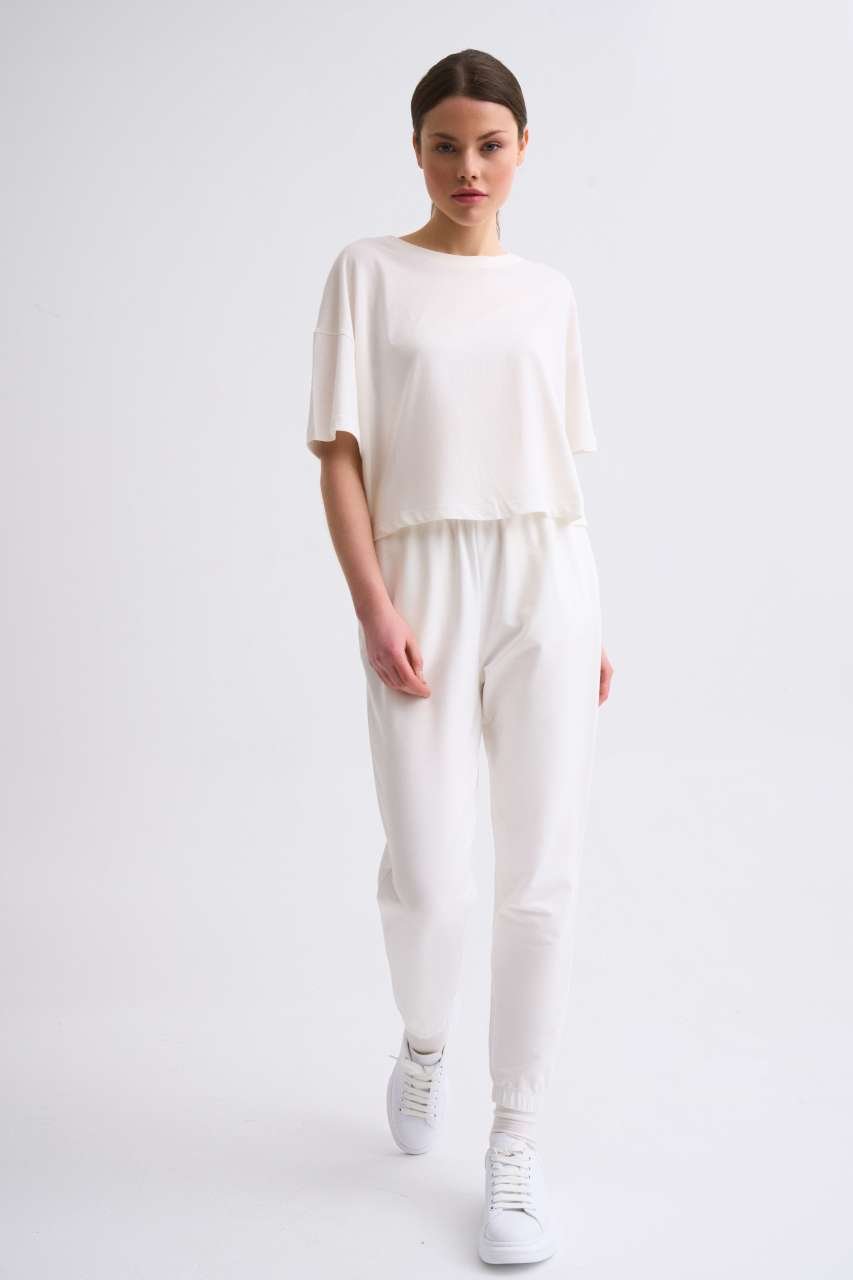 Organik Regular Fit Kısa Kollu Kadın Crop Tişört - Ekru Ekru - L