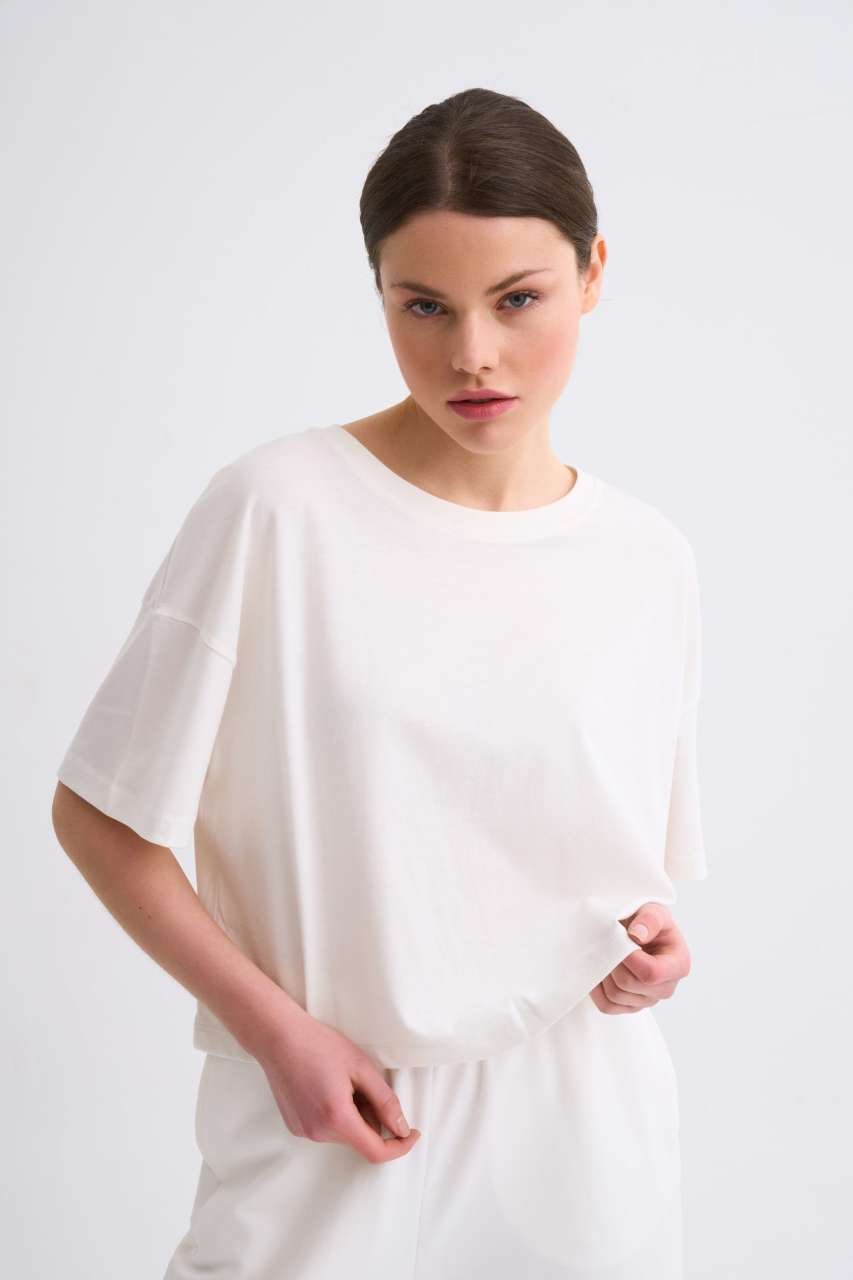 Organik Regular Fit Kısa Kollu Kadın Crop Tişört - Ekru Ekru - L
