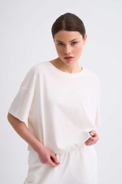 Organik Regular Fit Kısa Kollu Kadın Crop Tişört - Ekru Ekru - L