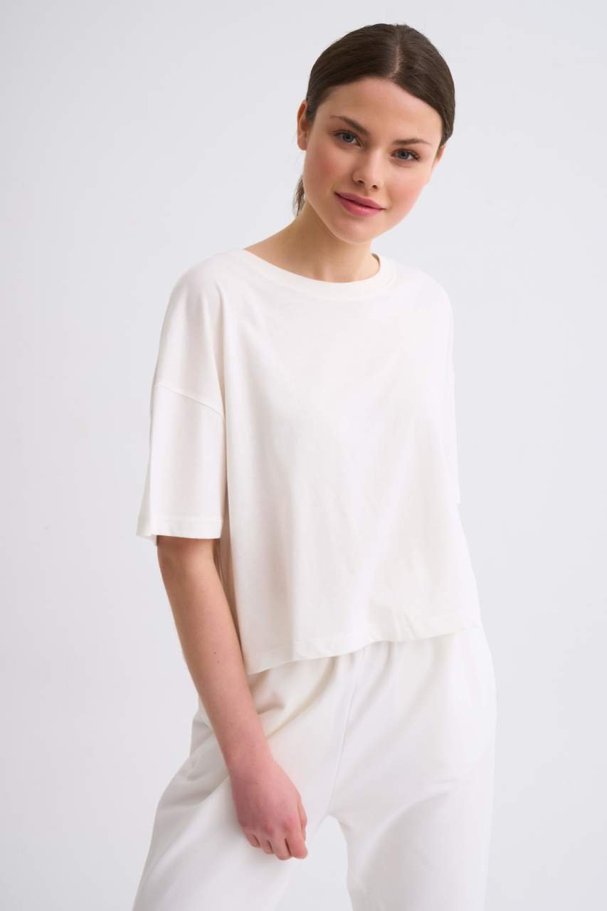 Organik Regular Fit Kısa Kollu Kadın Crop Tişört - Ekru Ekru - L