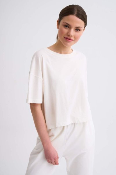 Organik Regular Fit Kısa Kollu Kadın Crop Tişört - Ekru Ekru - S