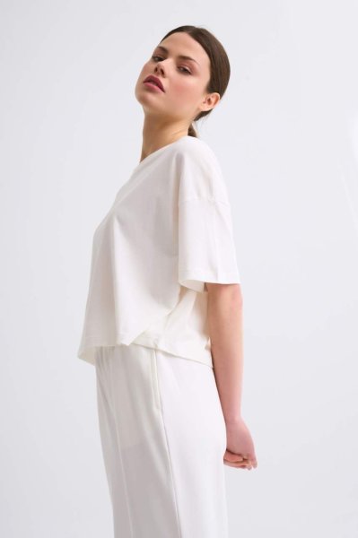Organik Regular Fit Kısa Kollu Kadın Crop Tişört - Ekru Ekru - S