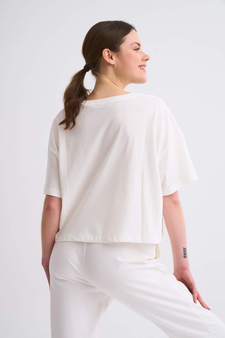 Organik Regular Fit Kısa Kollu Kadın Crop Tişört - Ekru Ekru - S