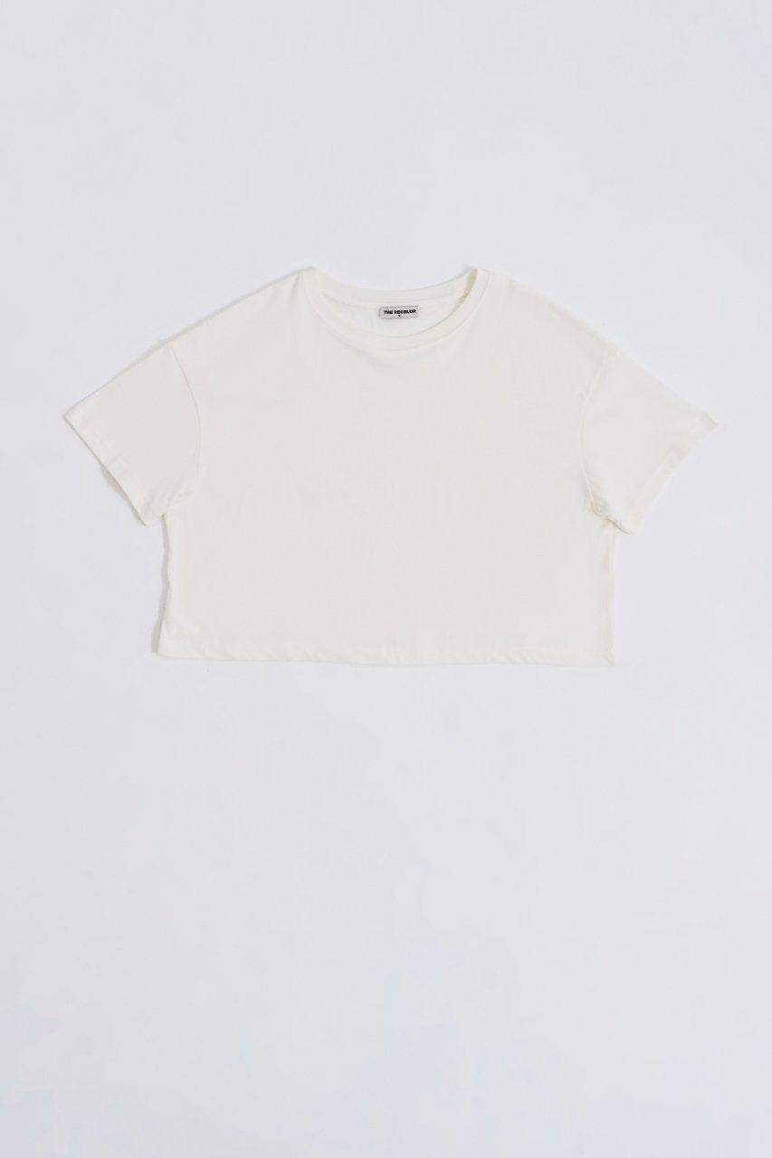 Organik Regular Fit Kısa Kollu Kadın Crop Tişört - Ekru Ekru - XL
