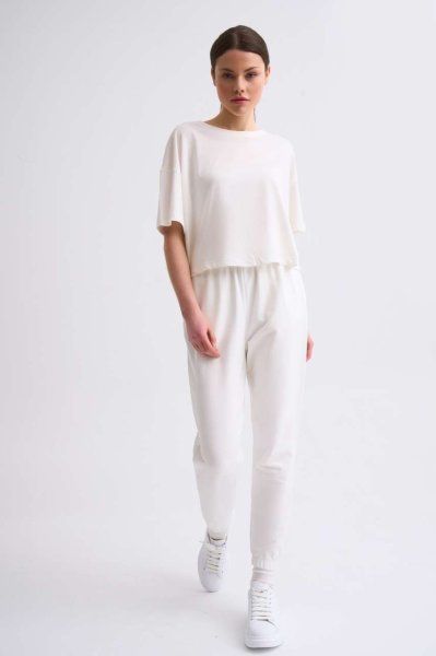 Organik Regular Fit Kısa Kollu Kadın Crop Tişört - Ekru Ekru - XS