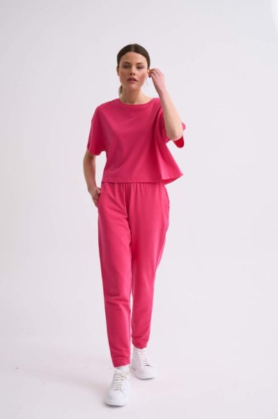 Organik Regular Fit Kısa Kollu Kadın Crop Tişört - Pembe Pembe - L