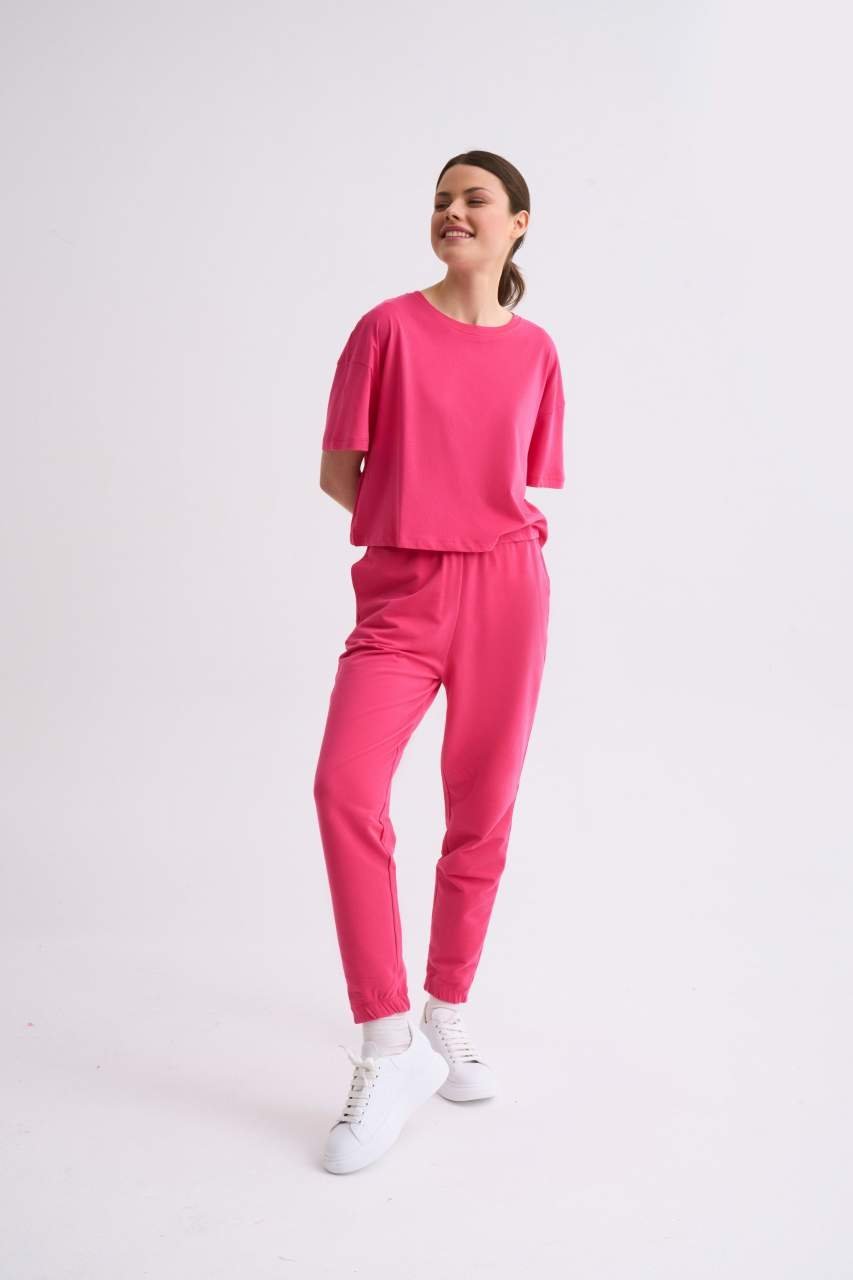 Organik Regular Fit Kısa Kollu Kadın Crop Tişört - Pembe Pembe - L