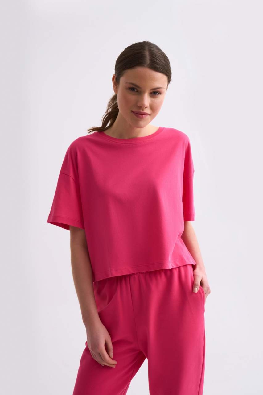 Organik Regular Fit Kısa Kollu Kadın Crop Tişört - Pembe Pembe - S