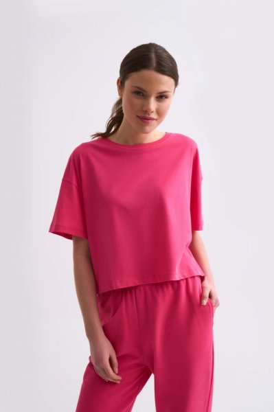 Organik Regular Fit Kısa Kollu Kadın Crop Tişört - Pembe Pembe - XL