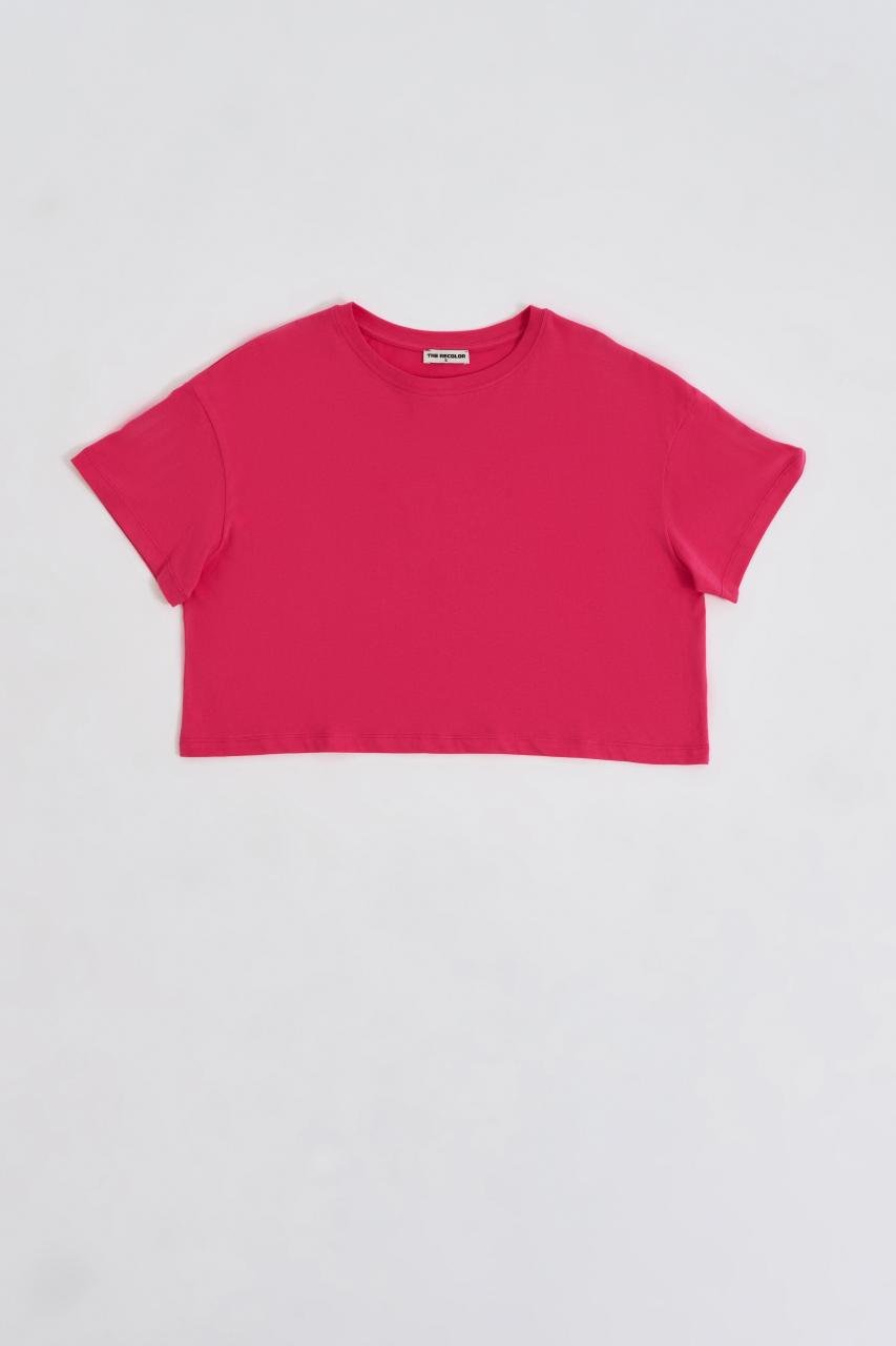 Organik Regular Fit Kısa Kollu Kadın Crop Tişört - Pembe Pembe - XS