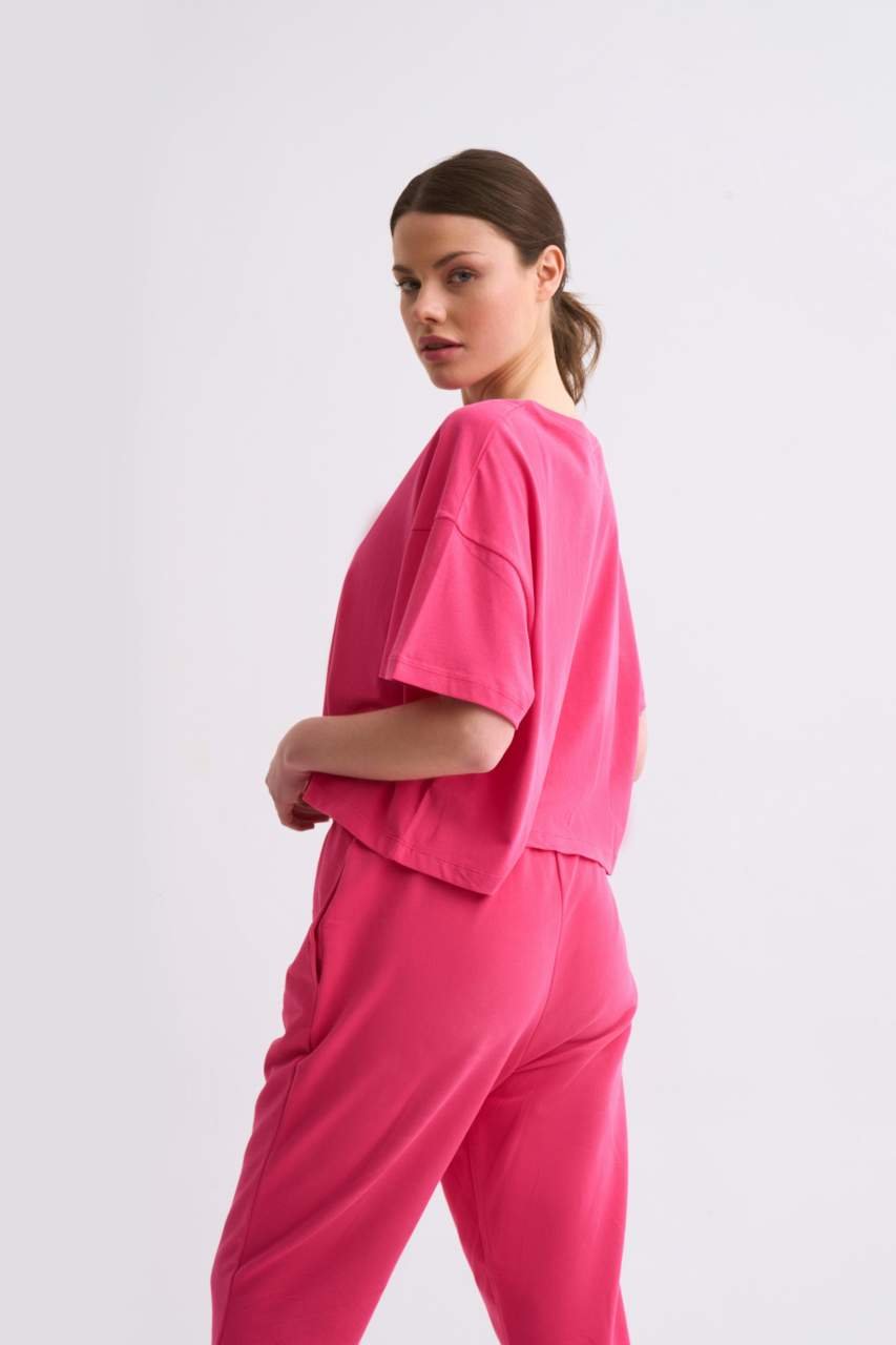 Organik Regular Fit Kısa Kollu Kadın Crop Tişört - Pembe Pembe - XS