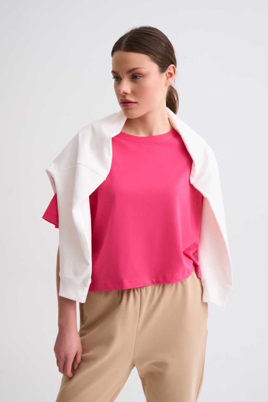 Organik Regular Fit Kısa Kollu Kadın Crop Tişört - Pembe Pembe - XS