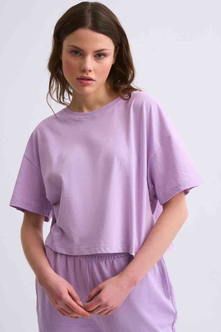 Organik Regular Fit Kısa Kollu Kadın Crop Tişört - Lila Lila - L