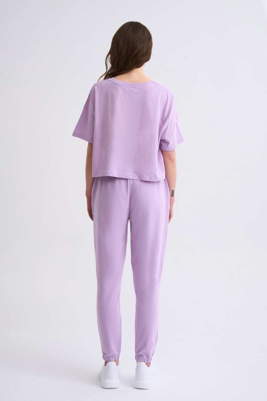 Organik Regular Fit Kısa Kollu Kadın Crop Tişört - Lila Lila - S