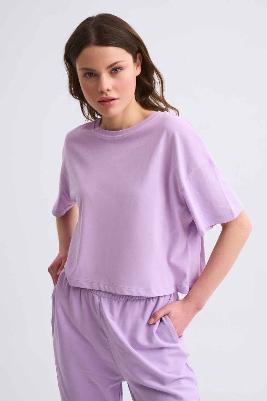 Organik Regular Fit Kısa Kollu Kadın Crop Tişört - Lila Lila - S