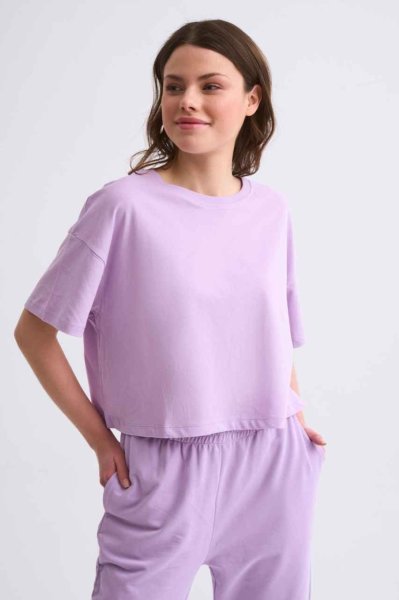 Organik Regular Fit Kısa Kollu Kadın Crop Tişört - Lila Lila - S