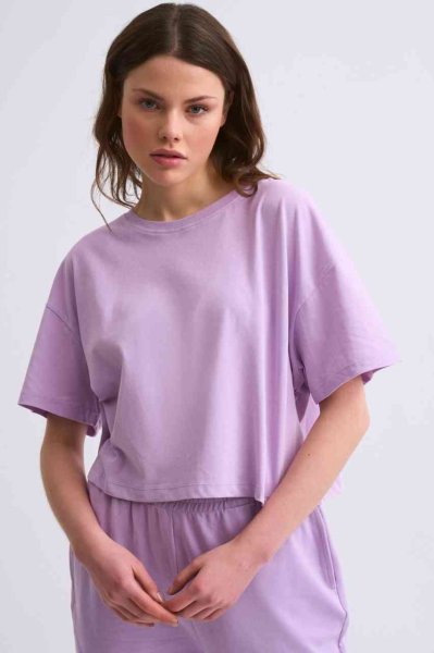 Organik Regular Fit Kısa Kollu Kadın Crop Tişört - Lila Lila - S