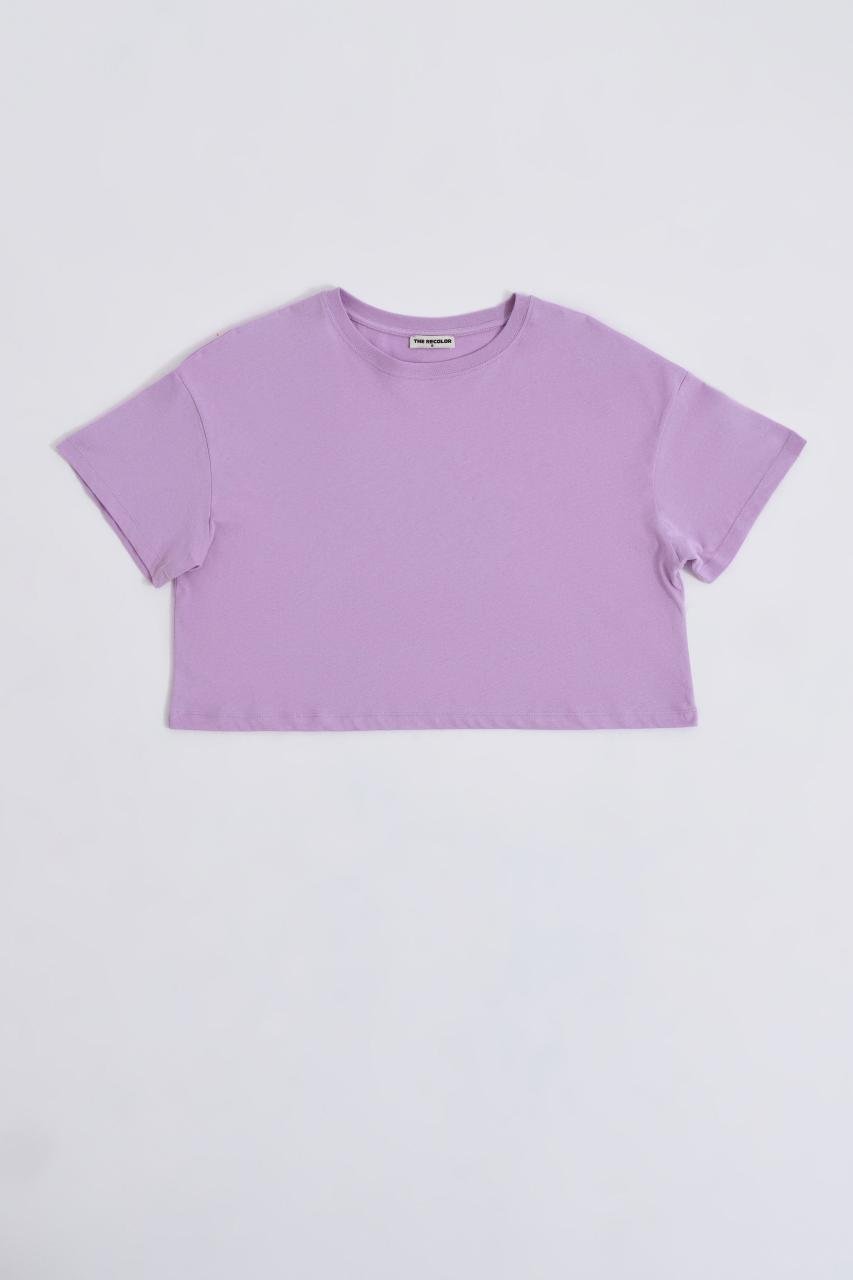 Organik Regular Fit Kısa Kollu Kadın Crop Tişört - Lila Lila - XL