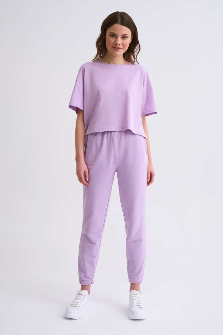 Organik Regular Fit Kısa Kollu Kadın Crop Tişört - Lila Lila - XS
