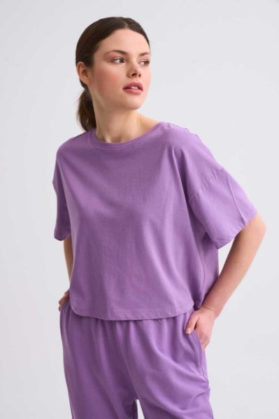 Organik Regular Fit Kısa Kollu Kadın Crop Tişört - Mor Mor - S