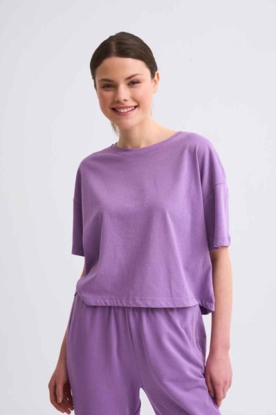 Organik Regular Fit Kısa Kollu Kadın Crop Tişört - Mor Mor - S