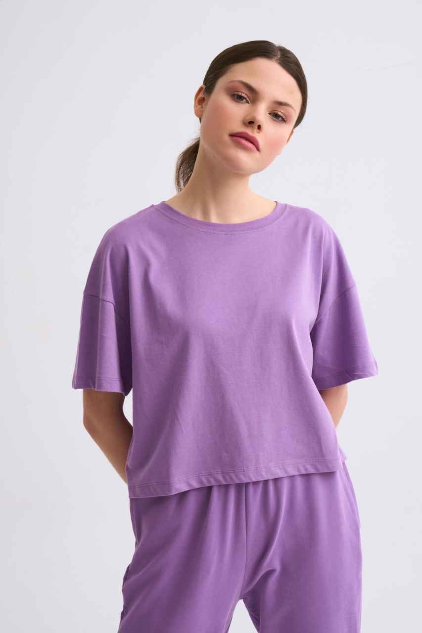Organik Regular Fit Kısa Kollu Kadın Crop Tişört - Mor Mor - XL