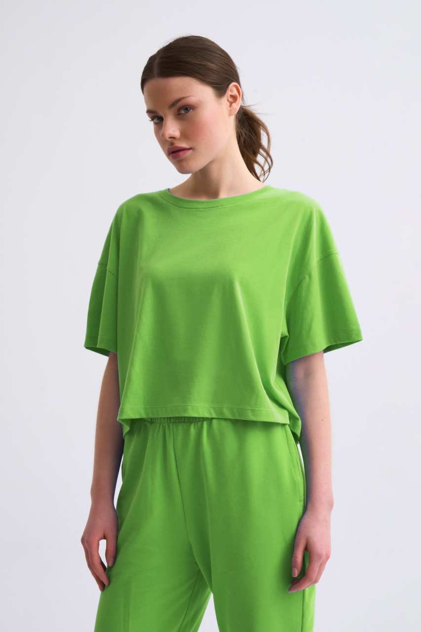 Organik Regular Fit Kısa Kollu Kadın Crop Tişört - Yeşil Yeşil - S