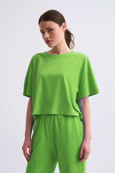 Organik Regular Fit Kısa Kollu Kadın Crop Tişört - Yeşil Yeşil - S
