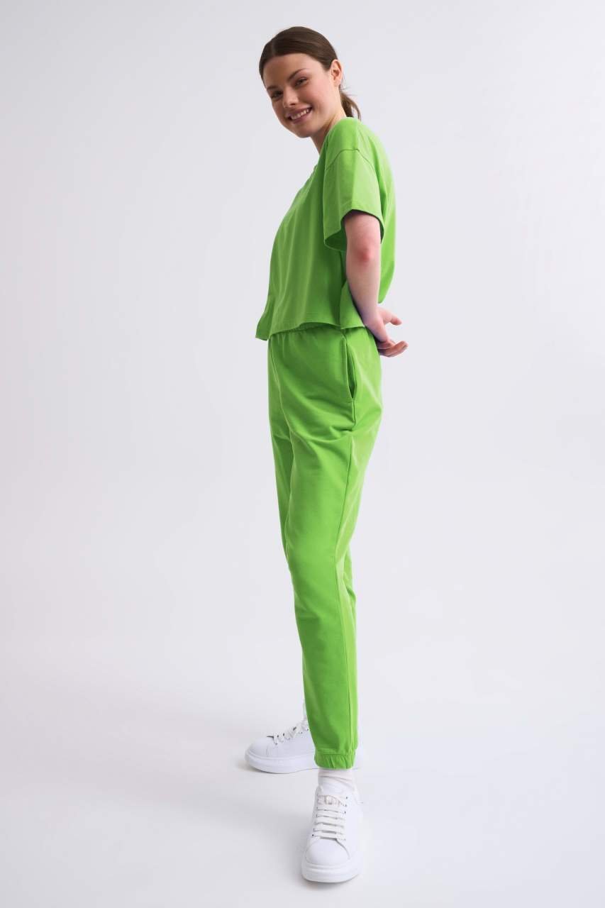Organik Regular Fit Kısa Kollu Kadın Crop Tişört - Yeşil Yeşil - S