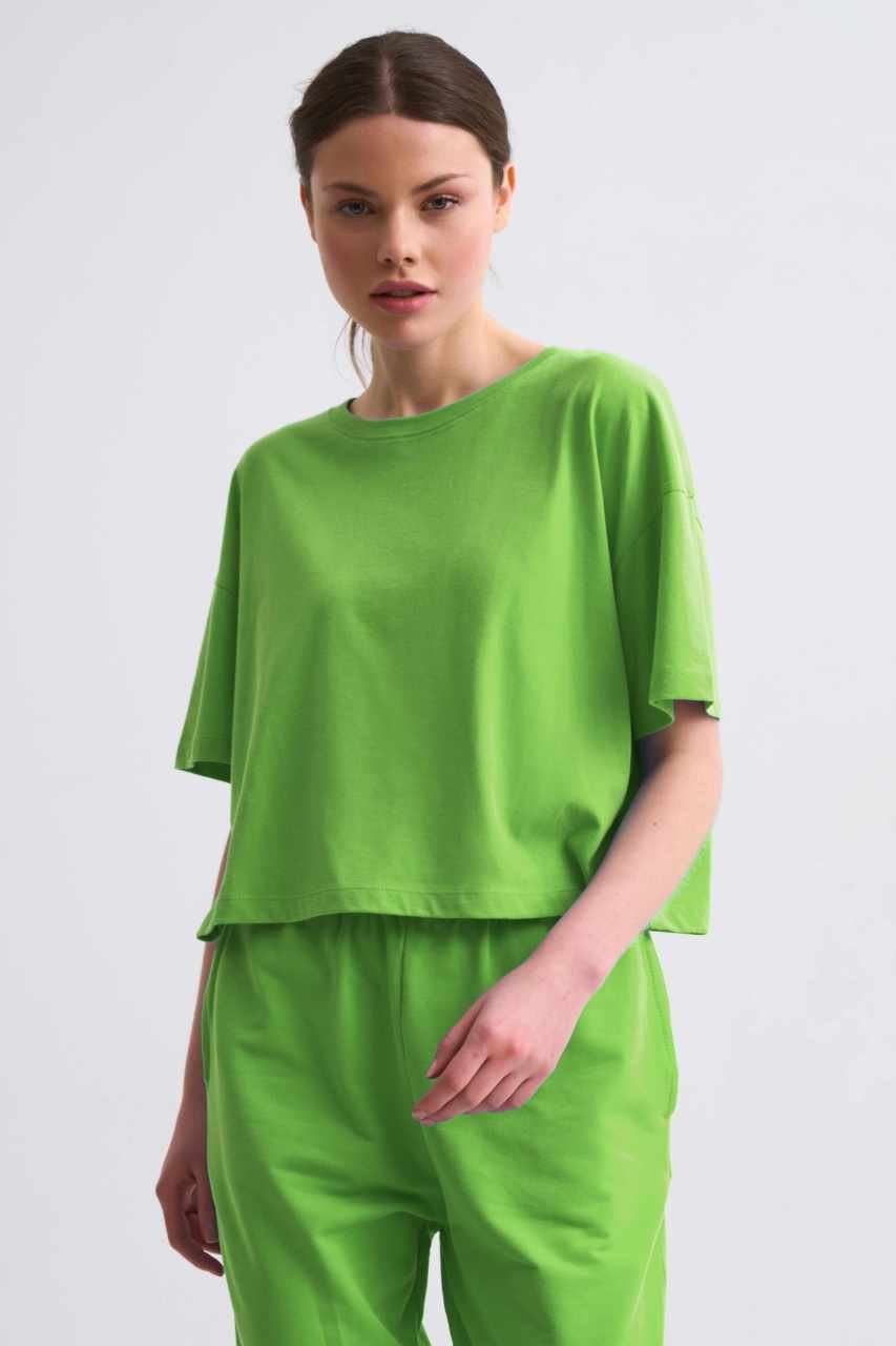 Organik Regular Fit Kısa Kollu Kadın Crop Tişört - Yeşil Yeşil - S